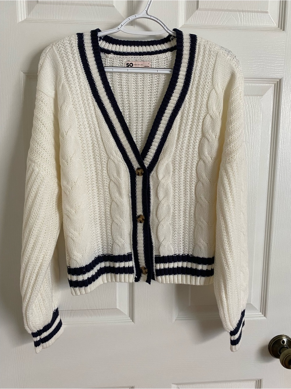 SO Goods For Life White Navy Varsity Cable Knit Cardigan Sweater | Size L
